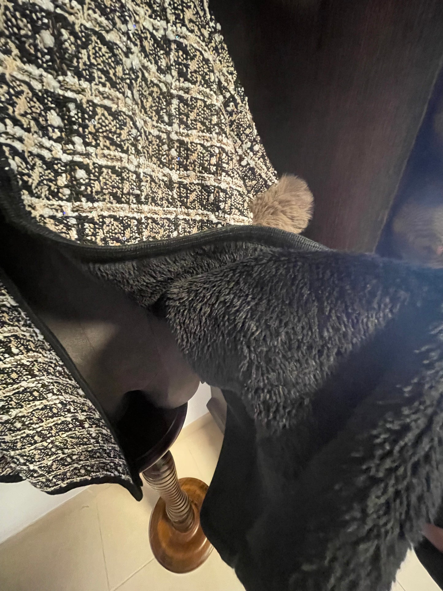 Grey faux fur and tweed cape