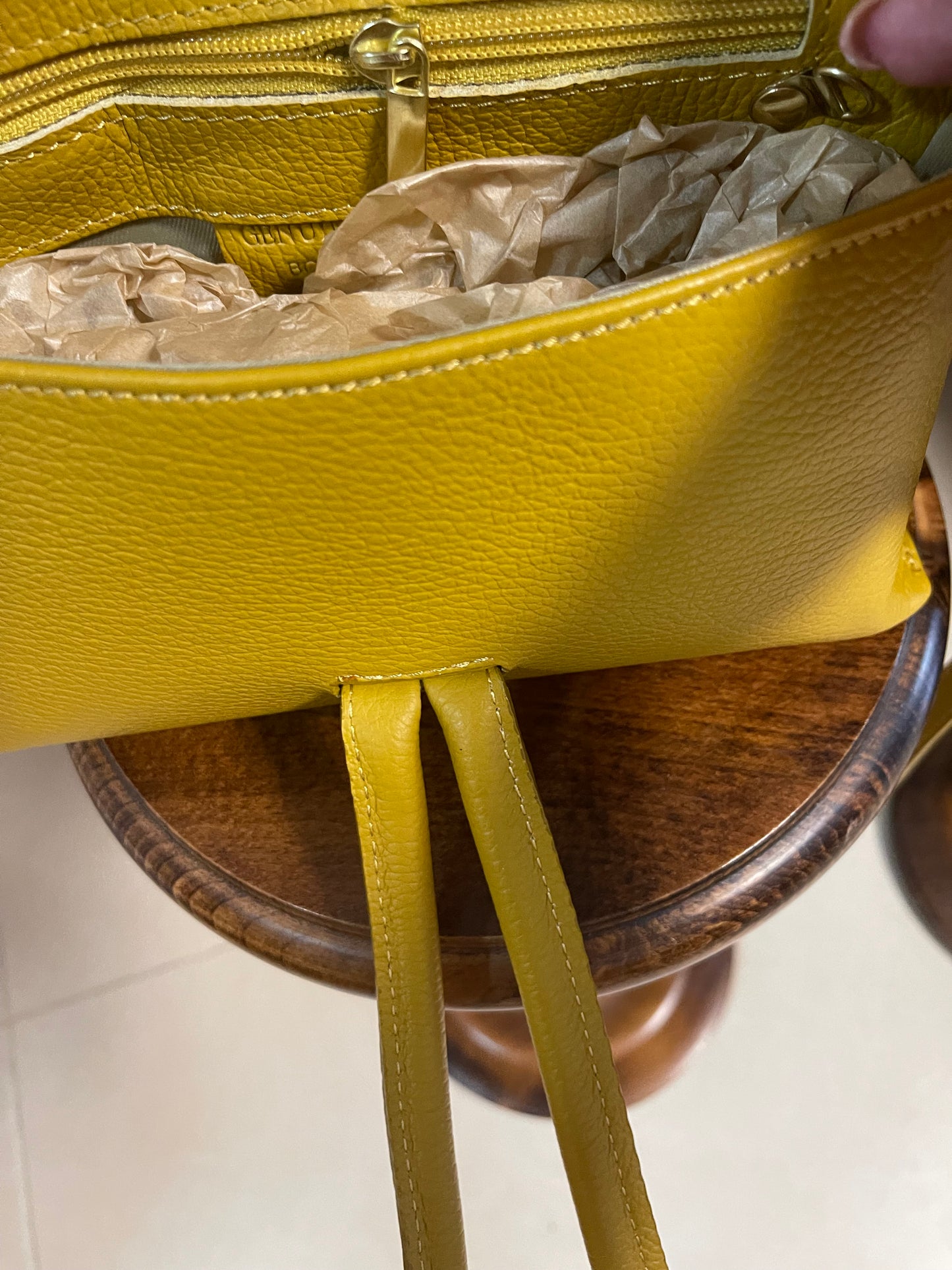 Leather ochre wristlet bag