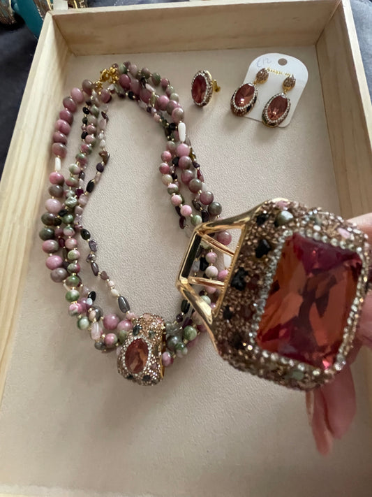 pink and green semi-precious stone set