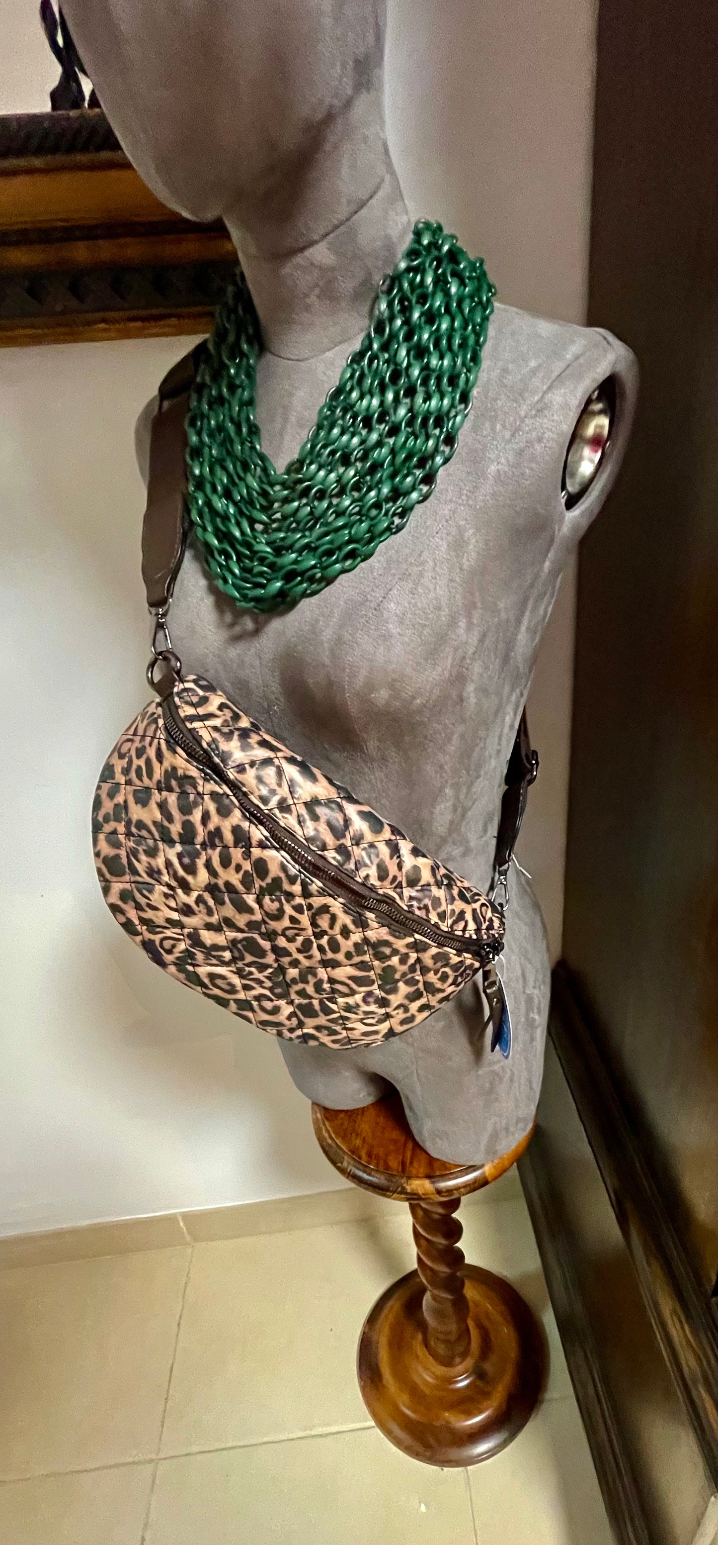 Large leopard print quilted bumbag