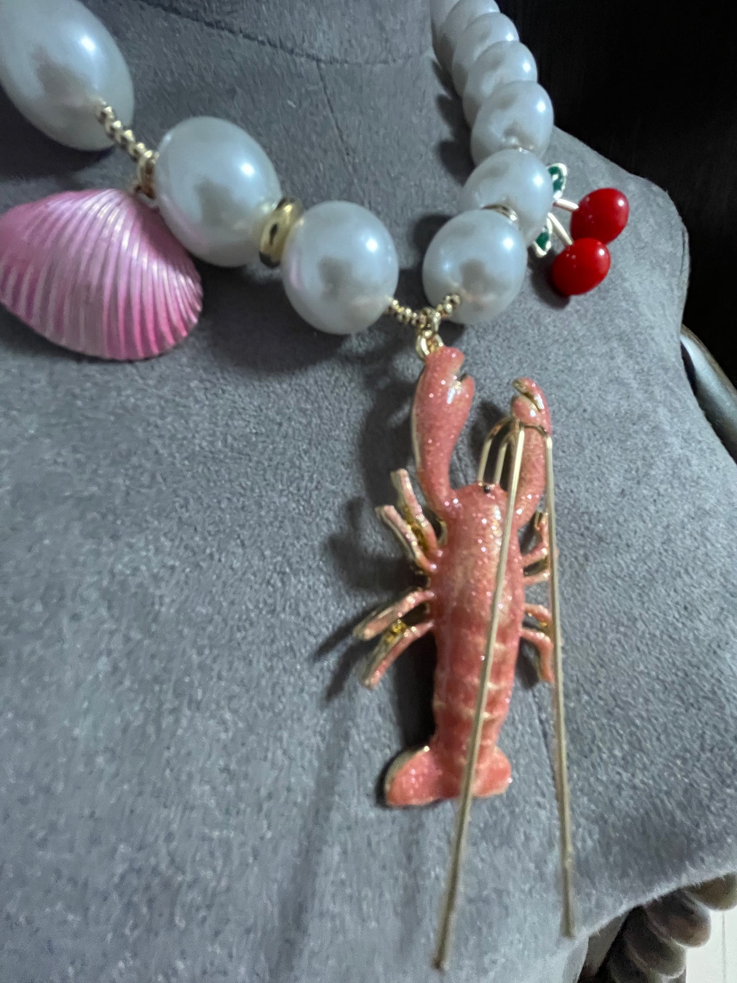 Pearl and pink lobster neckpiece