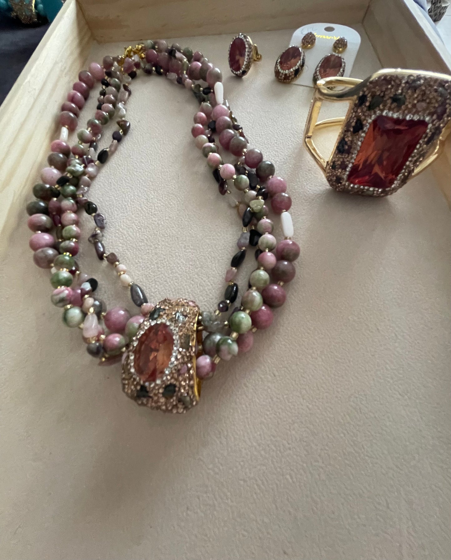 pink and green semi-precious stone set
