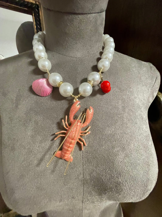 Pearl and pink lobster neckpiece